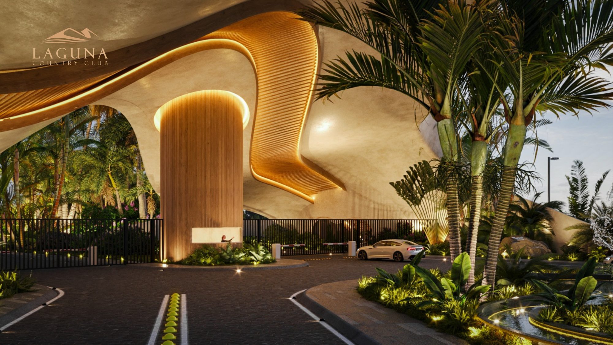 Acceso monumental de Laguna Country Club al atardecer